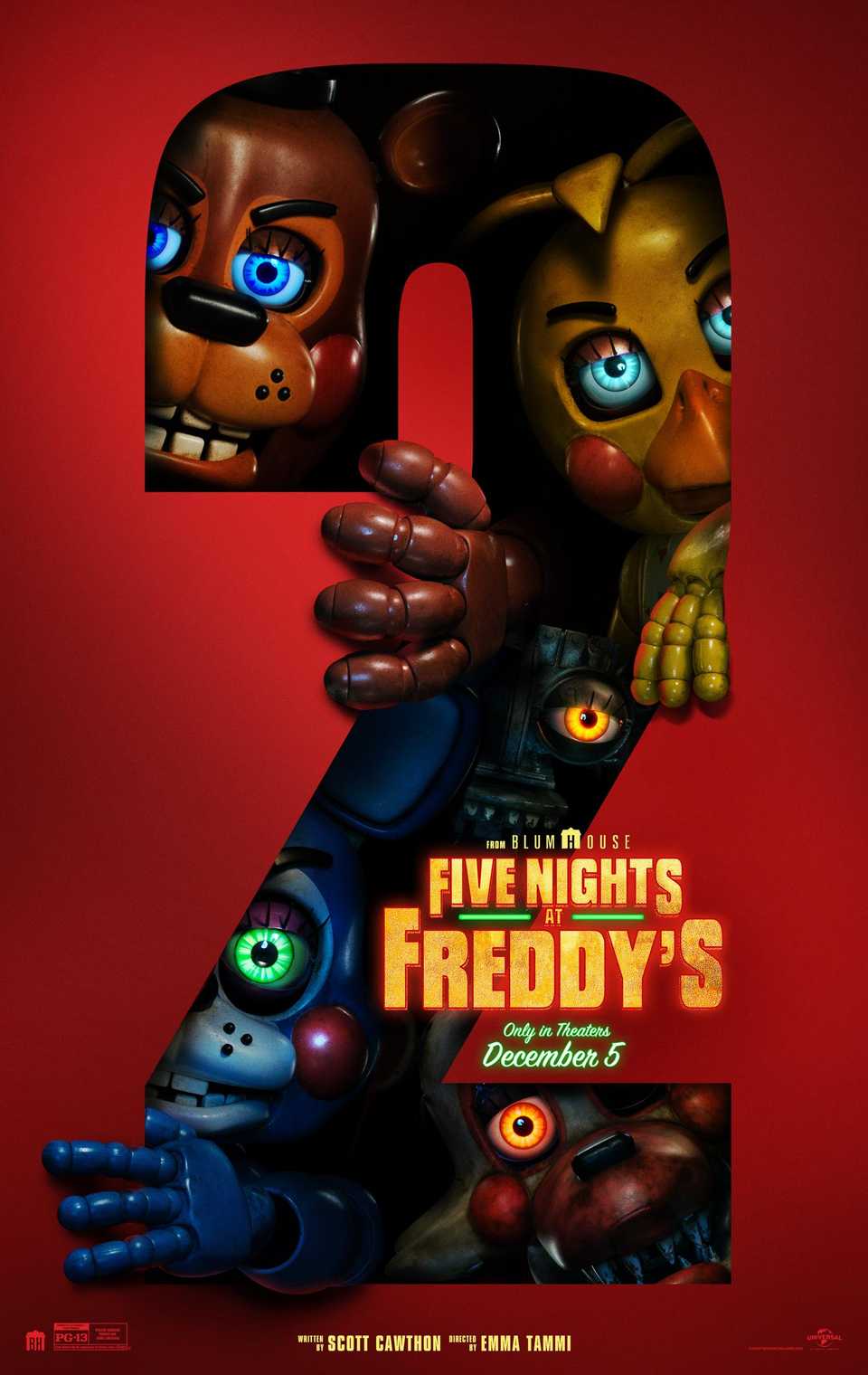Numeral 2 cut out of red foreground with demon animatronics reaching through from the background
