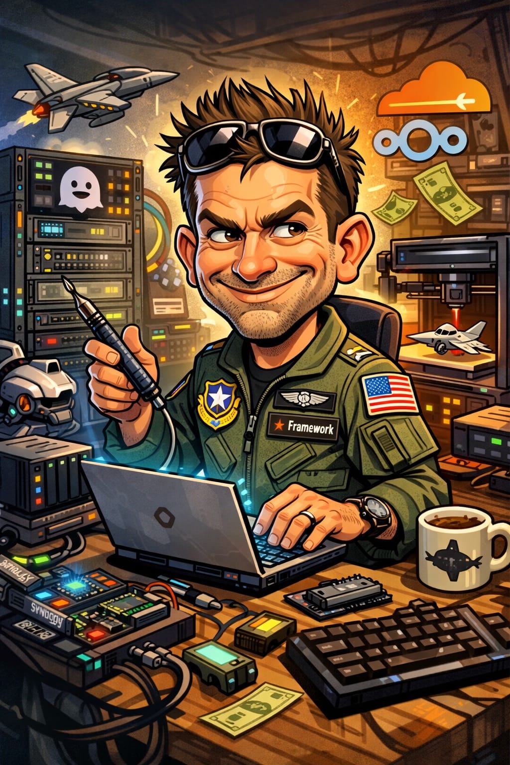 Caricature of a smirking Air Force pilot in a flight suit soldering electronics at a desk with a Framework laptop, servers, 3D printer, jets and a cloud symbol.